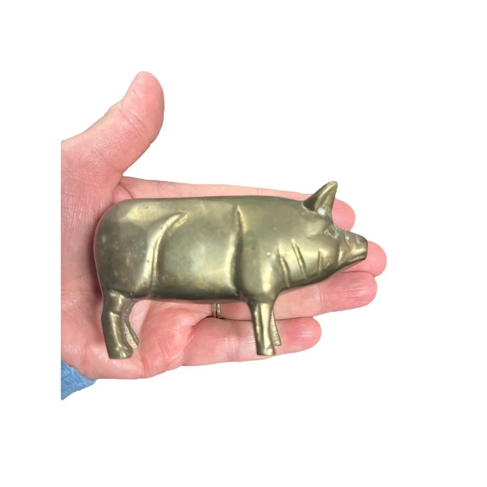 Old Vintage Solid Brass Set Pigs Figurine Metal Piggy Hog Farm Animal 4.25